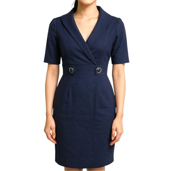 Kay Unger Navy Collared Midi Dress with Plunging Neckline - Picture 1 of 10